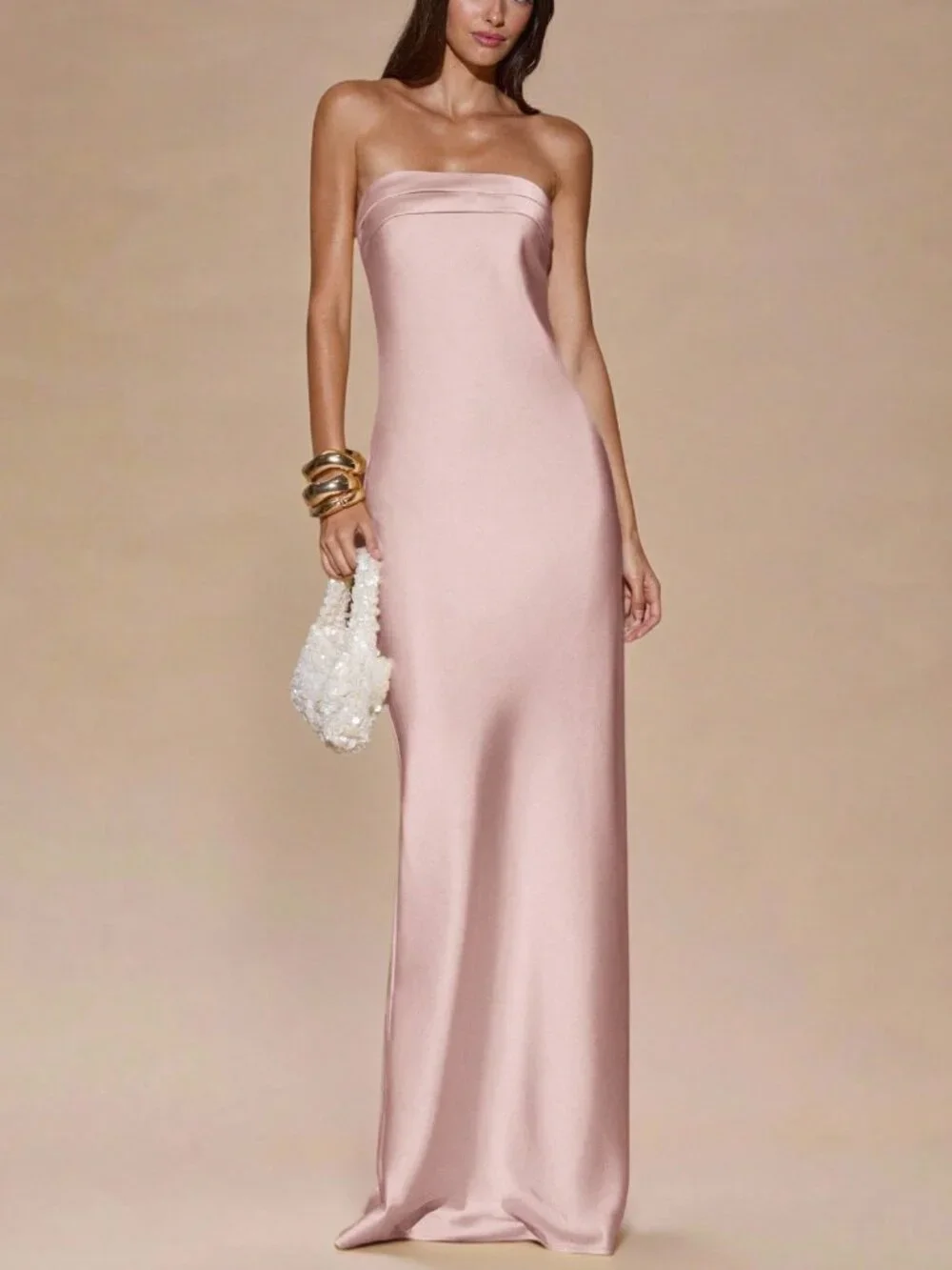 Pink Women's Minimalist Strapless Satin Dress - Picture 1 of 6